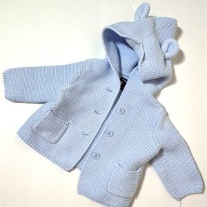 Baby Gap Baby Sweater 3-6 Months Hooded Cardigan Brannan Bear Blue Ears Cotton